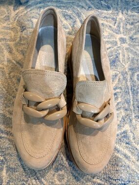 Dolce Vita Beige Suede Loafers with Chunky Resin Chain
